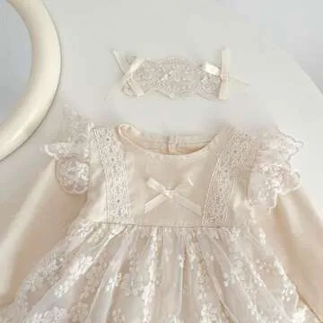 YEAHDOR Infant Baby Girls Boho Lace Romper Princess Dress Ruffle Long Sleeve Floral Bodysuit Birthday Clothes Beige 9-12 Months