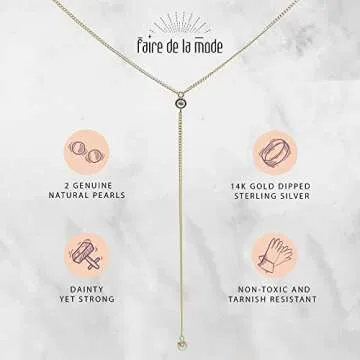Handmade 14k Gold Vermeil Lariat Necklace with Delicate Pearl Pendant - Gold and sterling silver lariat necklace- June Birthstone Long Necklace-16-19 Inches (Gold, Pearl Lariat)