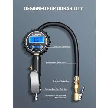 AstroAI Digital Tire Pressure Gauge with Inflator(3-250 PSI 0.1 for Display Resolution), Heavy Duty Air Chuck and Compressor Accessories with Rubber Hose and Quick Connect Coupler, Blue