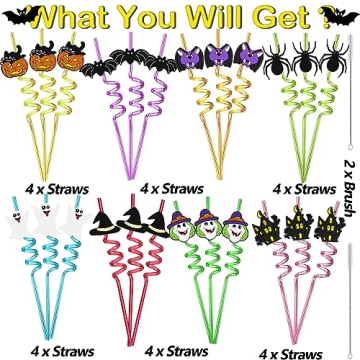 Halloween Reusable Straws 8 Designs Eco-Friendly Party Favors