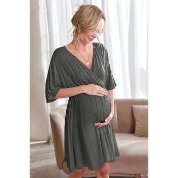 Ekouaer 3 in 1 Labor/Delivery/Hospital Gown Maternity Dress Nursing Nightgown Sleepwear for Breastfeeding, Dark Grey, Large