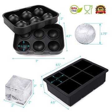 Large Ice Cube Trays Ice Ball Maker with Lids Combo(Set of 2), Silicone Sphere & Square Flexible Ice...