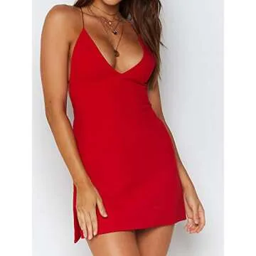 Backless Dress Women's Spaghetti Strap Sexy Clubwear Bodycon Mini Dress (S, High Side Slits Red)