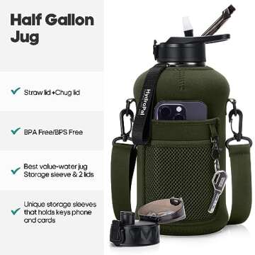 Gedux Half Gallon Water Bottle with Storage Sleeve, 74oz Large Water Bottle with 2 Lids(Straw Lid and Chug Lid), Big Sports Water Jug for Gym with Strap, BPA-Free Drink Container with Handle