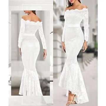 LALAGEN Women's Floral Lace Long Sleeve Off Shoulder Wedding Mermaid Dress White XL