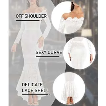 LALAGEN Women's Floral Lace Long Sleeve Off Shoulder Wedding Mermaid Dress White XL