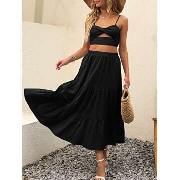 ANRABESS Women’s Summer Boho Flowy Swing Tiered A-Line Midi Skirt 2025 Fashion Trendy Elastic Waist Pleated Long Beach Dress