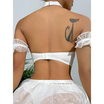 OYOANGLE Women's 6 Piece Babydoll Lingerie Set Bow Front Chemise Skirt Set with 1 Pair Stocking Pure White S