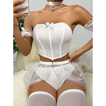 OYOANGLE Women's 6 Piece Babydoll Lingerie Set Bow Front Chemise Skirt Set with 1 Pair Stocking Pure White S
