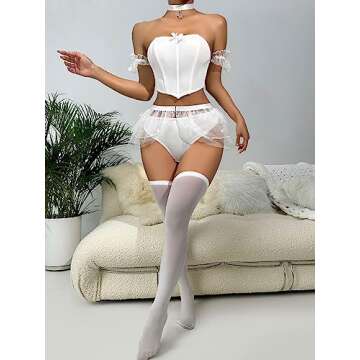 OYOANGLE Women's 6 Piece Babydoll Lingerie Set Bow Front Chemise Skirt Set with 1 Pair Stocking Pure White S