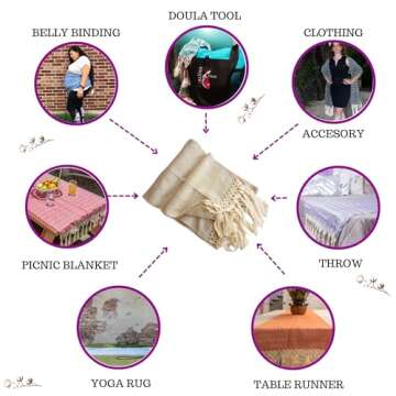 Mexican Rebozo Shawl, Ideal for Natural Birth, Doula Massage, 98.5", Ivory