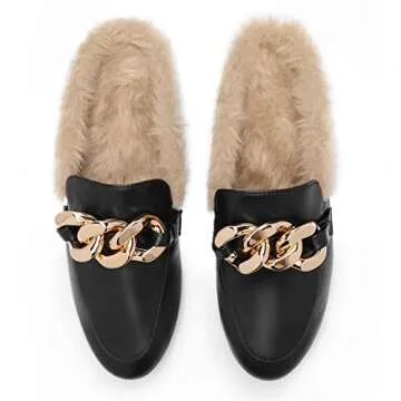 DREAM PAIRS Mules for Women Flats Shoes Comfortable Slip on Closed Toe Slides Loafers with Chain Backless Women’s Mules,Size 8.5,Black-Fur,SDML2205W