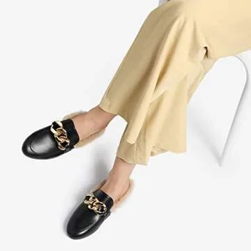 DREAM PAIRS Mules for Women Flats Shoes Comfortable Slip on Closed Toe Slides Loafers with Chain Backless Women’s Mules,Size 8.5,Black-Fur,SDML2205W