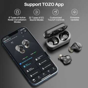 TOZO New NC7 All-Function Hybrid Active Noise Cancelling Wireless Earbuds, Bluetooth 5.3 Headphones with Ultra Long 72H Playtime, in-Ear Detection, App Customization, Immersive Sound Deep Bass Headset