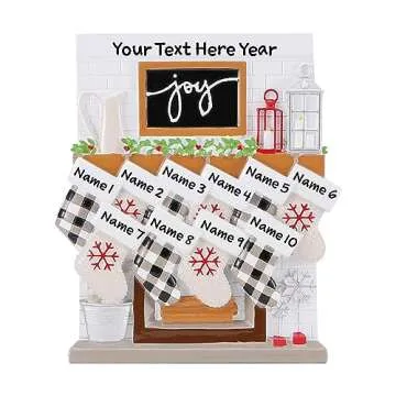 Fireplace Mantle Family Personalized Christmas Ornament 2024 - Stockings Family Christmas Morning Decorative Personalized Joy New Year Ornament (Family of 10)