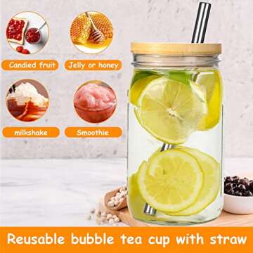 Bubble Tea Cups 2 Pack, Reusable Wide Mouth Smoothie Cups, Iced Coffee Cups With Bamboo Lids and Sil...