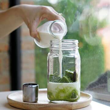 Bubble Tea Cups 2 Pack, Reusable Wide Mouth Smoothie Cups, Iced Coffee Cups With Bamboo Lids and Silver Straws Mason Jars Glass Cups, Travel Glass Drinking Bottle (32oz, Silver Straws)