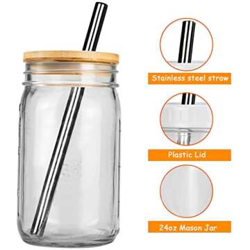 Bubble Tea Cups 2 Pack, Reusable Wide Mouth Smoothie Cups, Iced Coffee Cups With Bamboo Lids and Silver Straws Mason Jars Glass Cups, Travel Glass Drinking Bottle (32oz, Silver Straws)