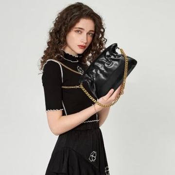 KKXIU Evening Clutch Purses for Women Shiny Metallic Solid Color Crossbody Bag with Gold Chain Strap Elegant Party Wedding Handbag (Black)