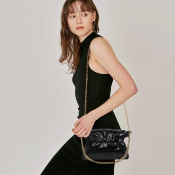 KKXIU Evening Clutch Purses for Women Shiny Metallic Solid Color Crossbody Bag with Gold Chain Strap Elegant Party Wedding Handbag (Black)