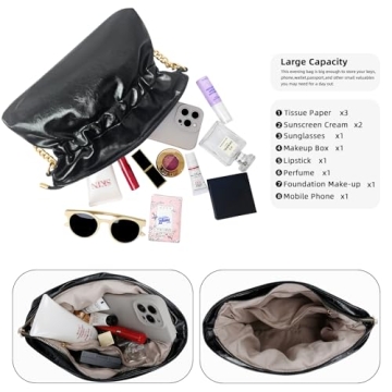 KKXIU Evening Clutch Purses for Women Shiny Metallic Solid Color Crossbody Bag with Gold Chain Strap Elegant Party Wedding Handbag (Black)