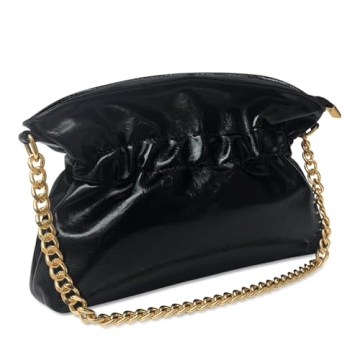 KKXIU Evening Clutch Purses for Women Shiny Metallic Solid Color Crossbody Bag with Gold Chain Strap Elegant Party Wedding Handbag (Black)