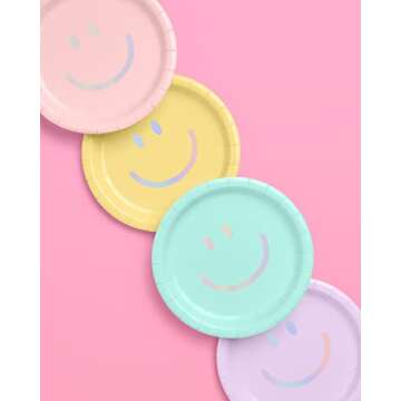 xo, Fetti Smiley Paper Plates - 24 pk, 9" | Happy Pastel Birthday Party Decorations, Cute Bacheloret...