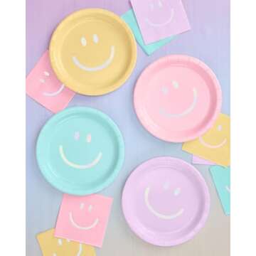 xo, Fetti Smiley Paper Plates - 24 pk, 9" | Happy Pastel Birthday Party Decorations, Cute Bachelorette Party, Cool Cake Plates