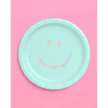 xo, Fetti Smiley Paper Plates - 24 pk, 9" | Happy Pastel Birthday Party Decorations, Cute Bachelorette Party, Cool Cake Plates