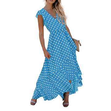 GRECERELLE Women's Summer Floral Print Cross V Neck Dress Bohemian Flowy Long Maxi Dress PD-Light Blue-Small