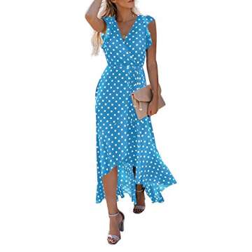 GRECERELLE Women's Summer Floral Print Cross V Neck Dress Bohemian Flowy Long Maxi Dress PD-Light Blue-Small