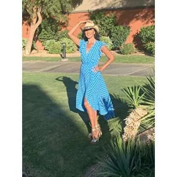 GRECERELLE Women's Summer Floral Print Cross V Neck Dress Bohemian Flowy Long Maxi Dress PD-Light Blue-Small