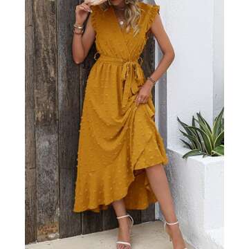 BTFBM Women V Neck Summer Dress 2025 Cap Sleeve Swiss Dot Boho Flowy Ruffle Slit Beach Party Long Ma...