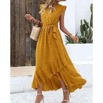 BTFBM Women V Neck Summer Dress 2025 Cap Sleeve Swiss Dot Boho Flowy Ruffle Slit Beach Party Long Maxi Cocktail Dresses(Swiss Dot Yellow, Small)