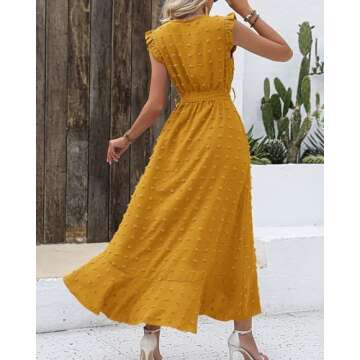 BTFBM Women V Neck Summer Dress 2025 Cap Sleeve Swiss Dot Boho Flowy Ruffle Slit Beach Party Long Maxi Cocktail Dresses(Swiss Dot Yellow, Small)