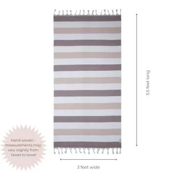 InfuseZen Terry Cloth Lined Turkish Bath & Beach Towel – Striped Design - 100% Organic Turkish Cotton - Soft, Lightweight, Absorbent Peshtemal - Quick Dry for Beach, Bath, Throw, Travel - Brown/Beige