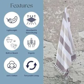 InfuseZen Terry Cloth Lined Turkish Bath & Beach Towel – Striped Design - 100% Organic Turkish Cotton - Soft, Lightweight, Absorbent Peshtemal - Quick Dry for Beach, Bath, Throw, Travel - Brown/Beige