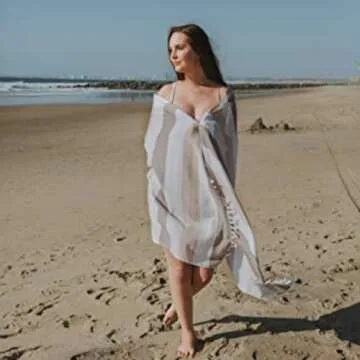 InfuseZen Terry Cloth Lined Turkish Bath & Beach Towel – Striped Design - 100% Organic Turkish Cotton - Soft, Lightweight, Absorbent Peshtemal - Quick Dry for Beach, Bath, Throw, Travel - Brown/Beige