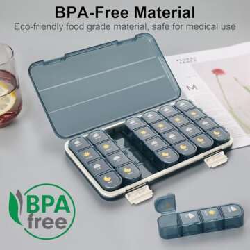 Pill Organizer 4 Times A Day, Pill Box 4 Times A Day 7 Day - Acedada Weekly Medicine Box Organizer with Separate Case, Portable Daily Pill Container Dispenser for Vitamin, Fish Oils, Supplements, Blue