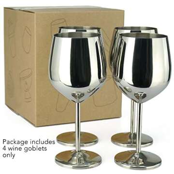 PG Set of 4 Stainless Steel Wine Glass - 18.5oz Silver Mirror Finished Wine Glasses - Unbreakable Wi...