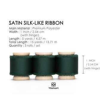 Vitalizart Silk Satin Ribbon 1 Inch x 15 Yard Wooden Spool Dark Green Handmade Frayed Ribbon for Gif...