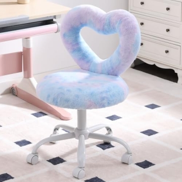 LukeAlon Kids Desk Chair with Rolling Wheels - Heart Backrest and Faux Fur Upholstery for Comfort an...