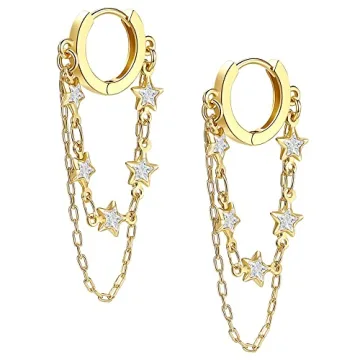 Shownee Tassel Chain Small Gold Hoop Dangle Earring For Women Huggie Earring Heart Star CZ 14K Gold ...