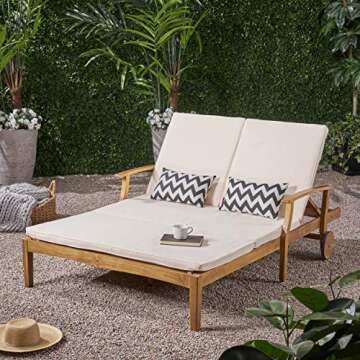 Great Deal Furniture Double Chaise Lounge for Yard and Patio, Acacia Wood Frame, Teak Finish with Cr...