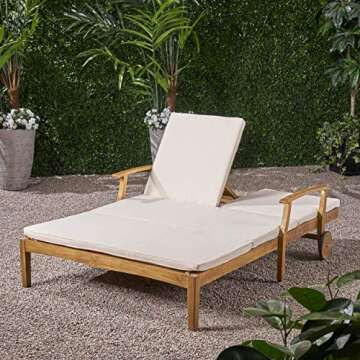 Great Deal Furniture Double Chaise Lounge for Yard and Patio, Acacia Wood Frame, Teak Finish with Cream Cushions