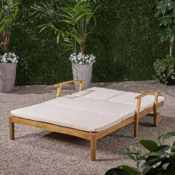 Great Deal Furniture Double Chaise Lounge for Yard and Patio, Acacia Wood Frame, Teak Finish with Cream Cushions