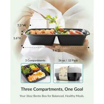 Enther Meal Prep Containers [12 Pack] 3 Compartment with Lids, Food Storage Bento Box | BPA Free | S...