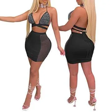 PORRCEY Women's Two-Piece Sexy Hot Drilling Craft Dress Party Club Evening Dress (3645,Black,L)