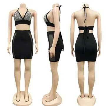 PORRCEY Women's Two-Piece Sexy Hot Drilling Craft Dress Party Club Evening Dress (3645,Black,L)