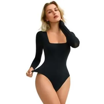 Avidlove Women's Long Sleeve Bodysuit Double Lined Square Neck Body Suit Tops Snap Closure Soft (Bla...